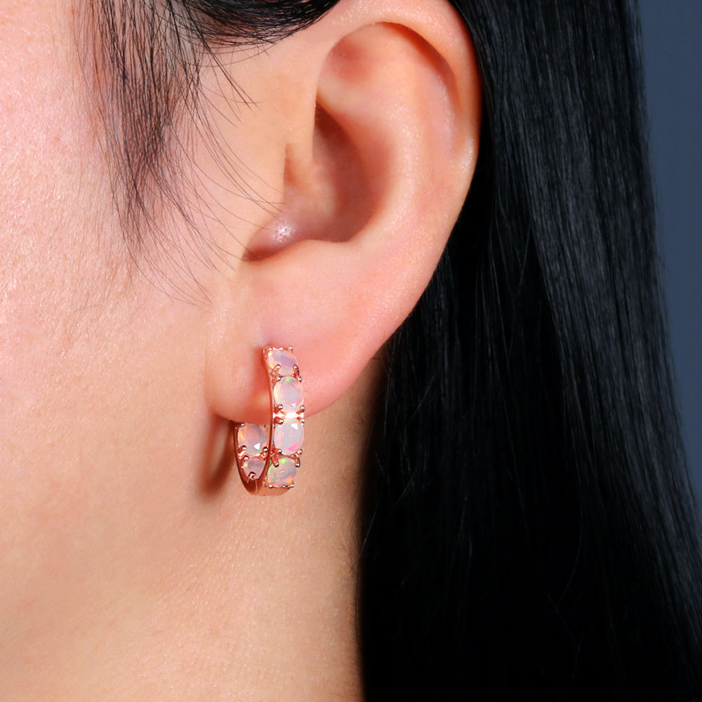 ‘Sunday’ Rose Gold Opal Hoop Earrings – on ear