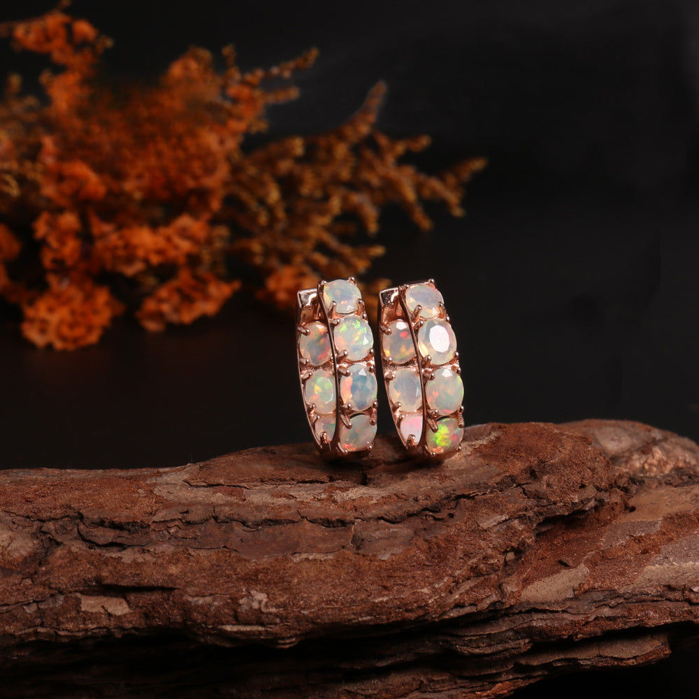 ‘Sunday’ Rose Gold Opal Hoop Earrings – on wood