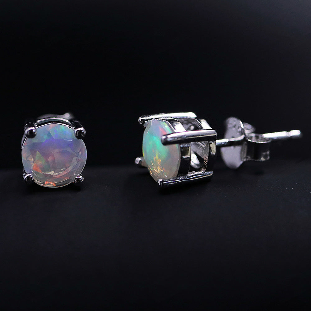 ‘Meg’ Round Faceted Opal Stud Earrings – front and side