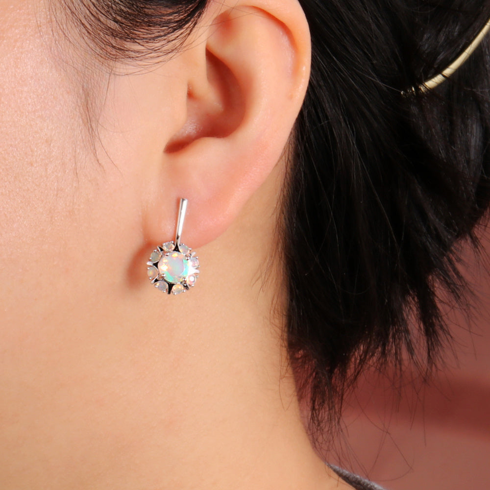 ‘Posy’ Round Opal Flower Cluster Earrings – on ear