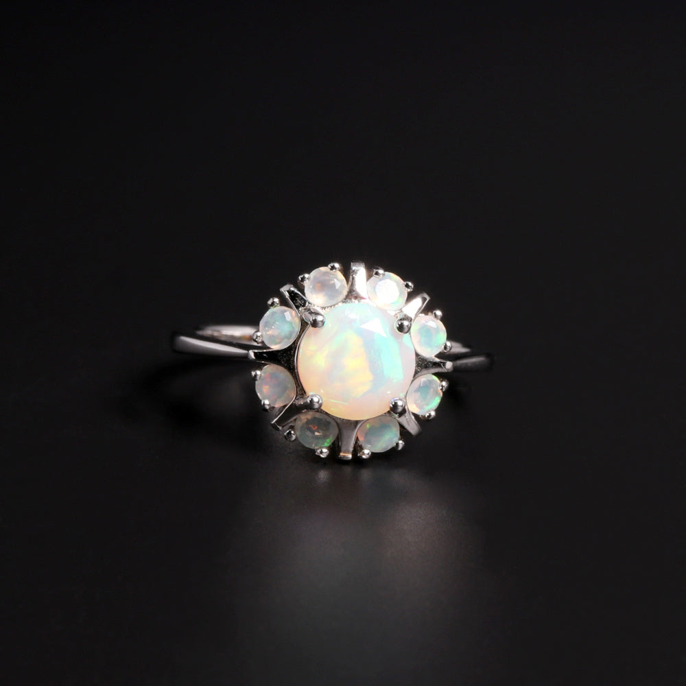 ‘Camellia’ Round Opal Flower Cluster Ring – front