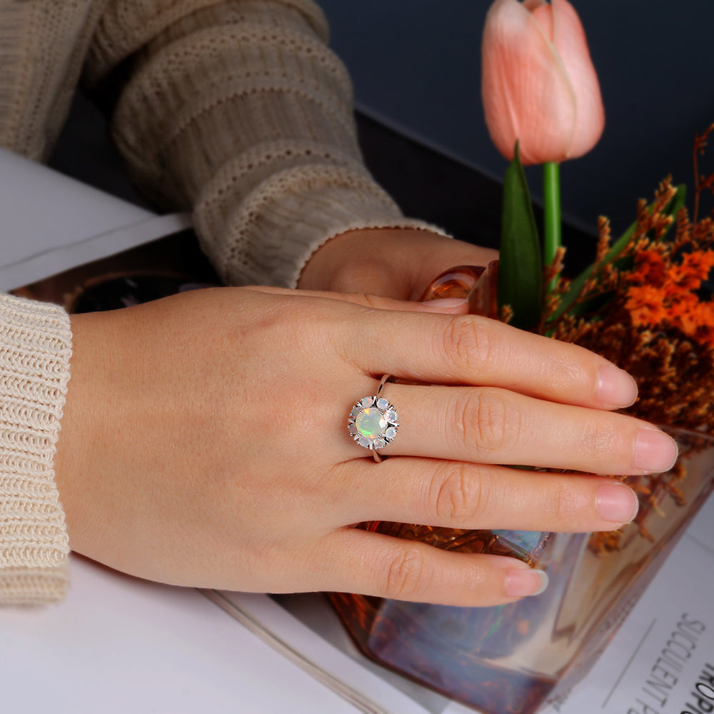 ‘Camellia’ Round Opal Flower Cluster Ring – on hand
