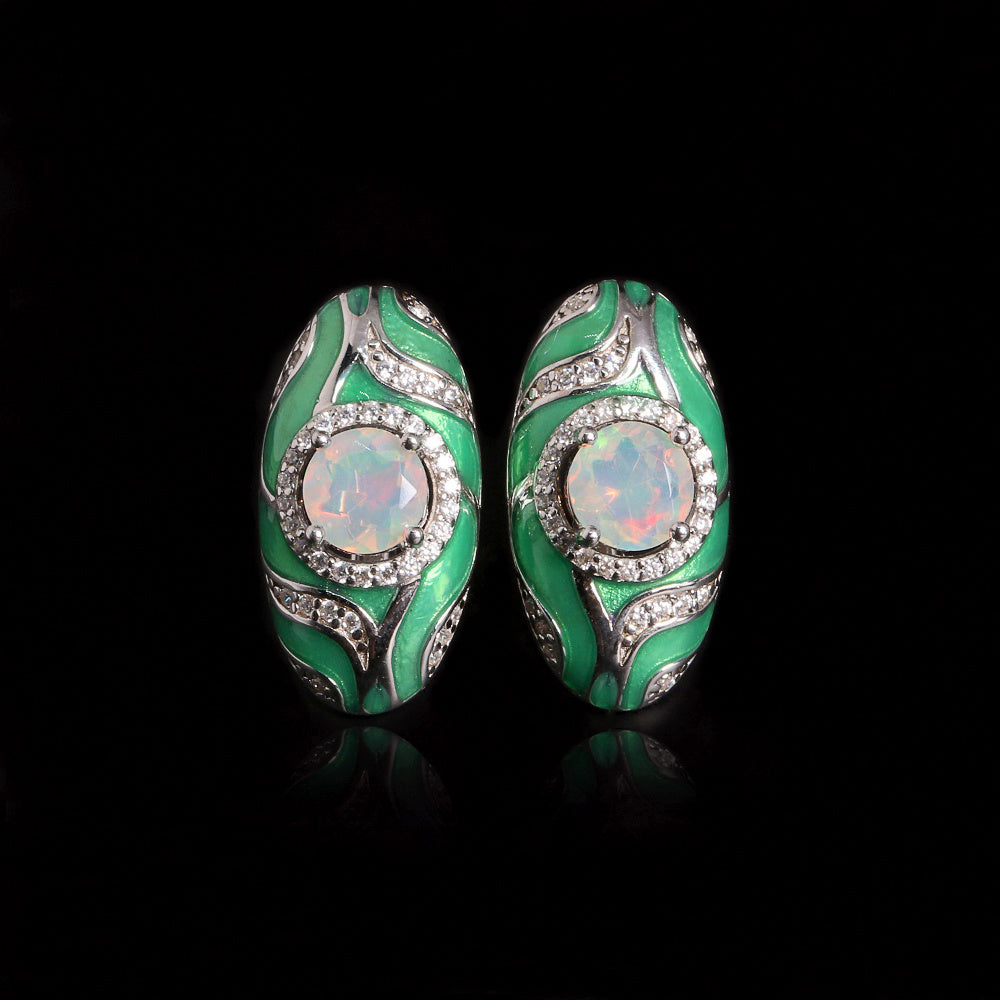 ‘Olive’ Round Opal Green Enamel Earrings
