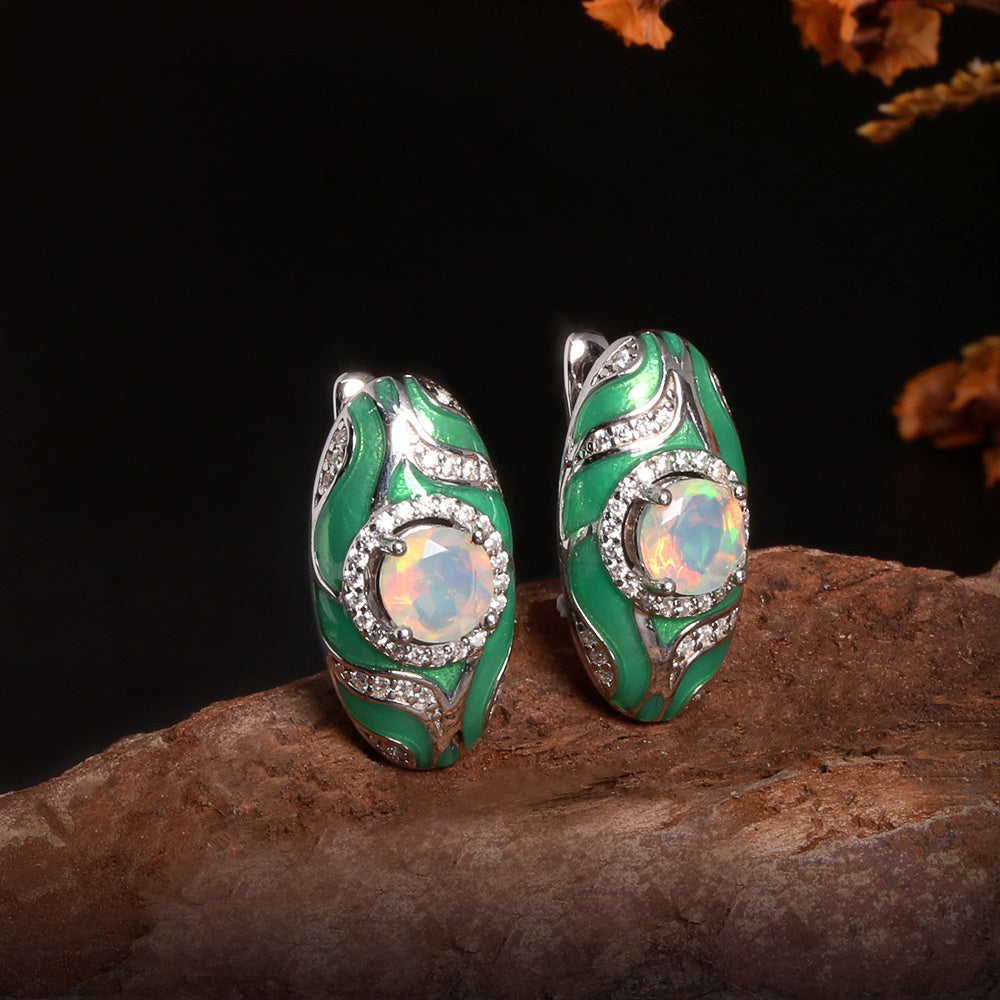 ‘Olive’ Round Opal Green Enamel Earrings – on driftwood