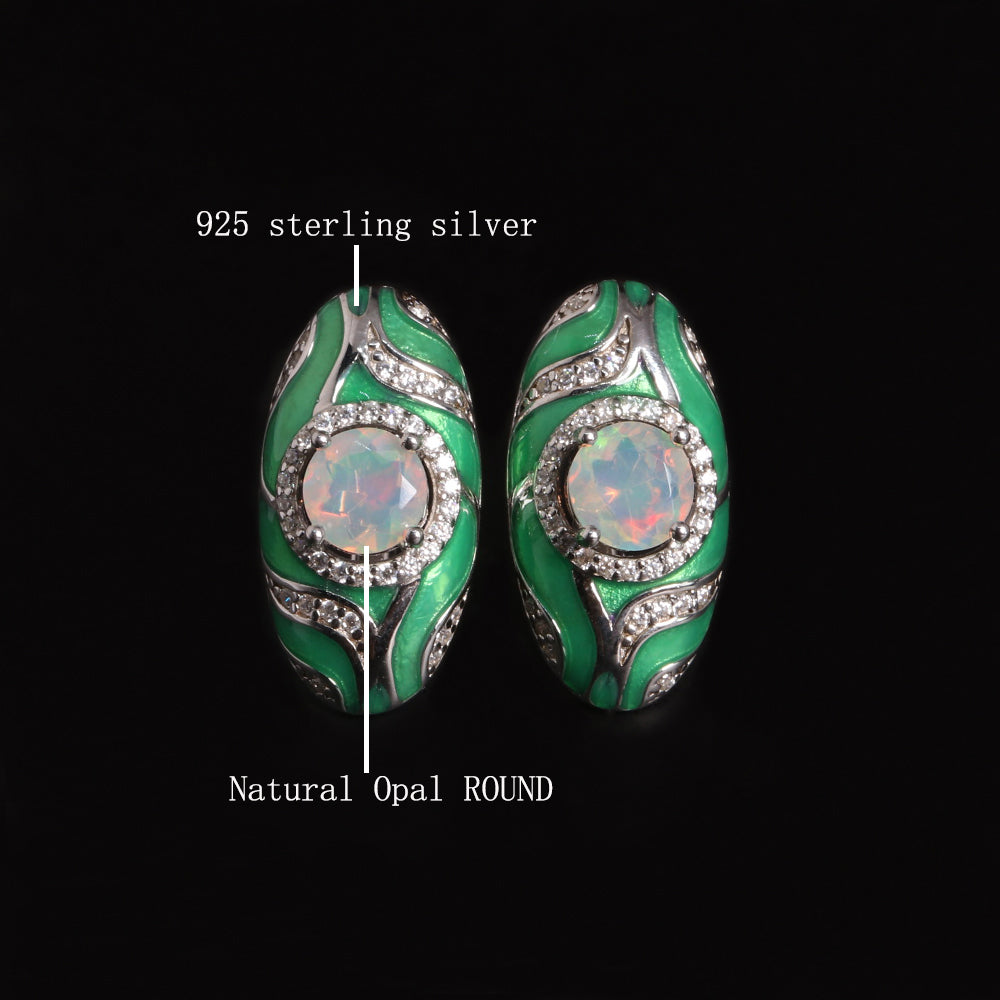 ‘Olive’ Round Opal Green Enamel Earrings – materials callouts
