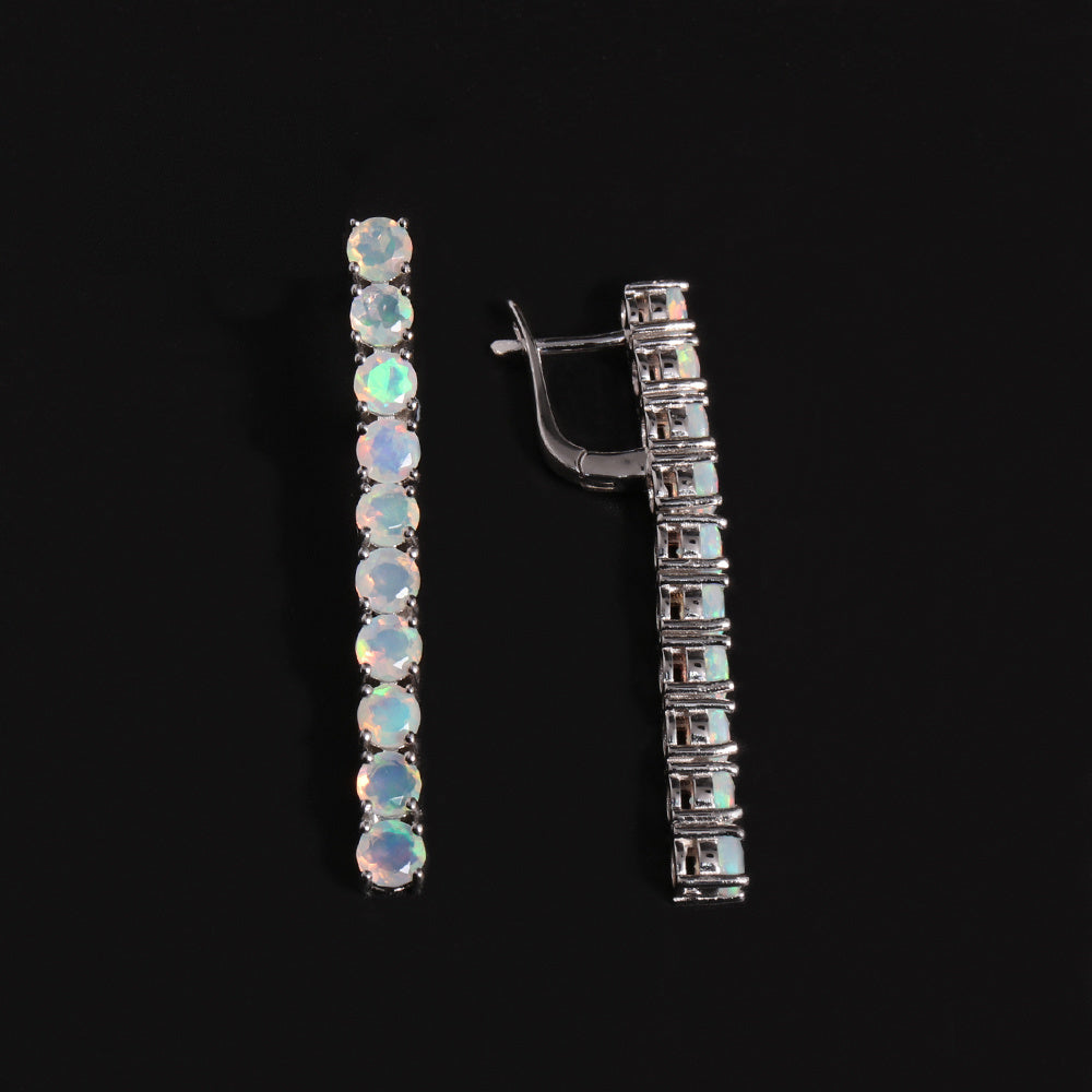 ‘Cora’ Round Opal Linear Bar Earrings – front and side