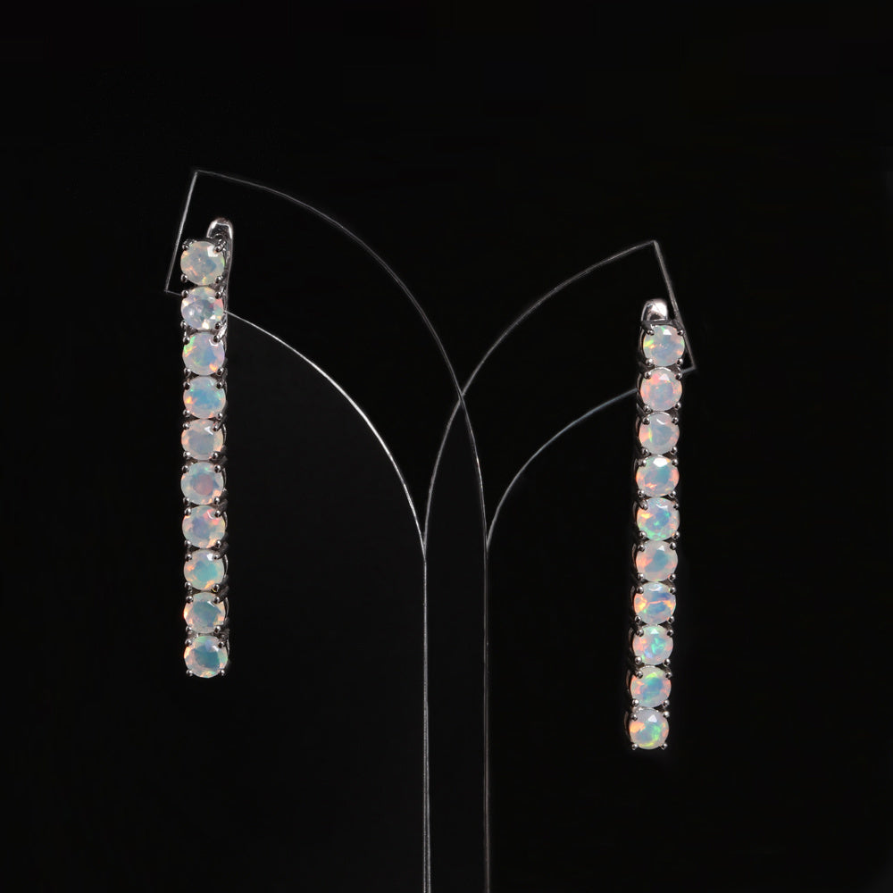 ‘Cora’ Round Opal Linear Bar Earrings – on display stand