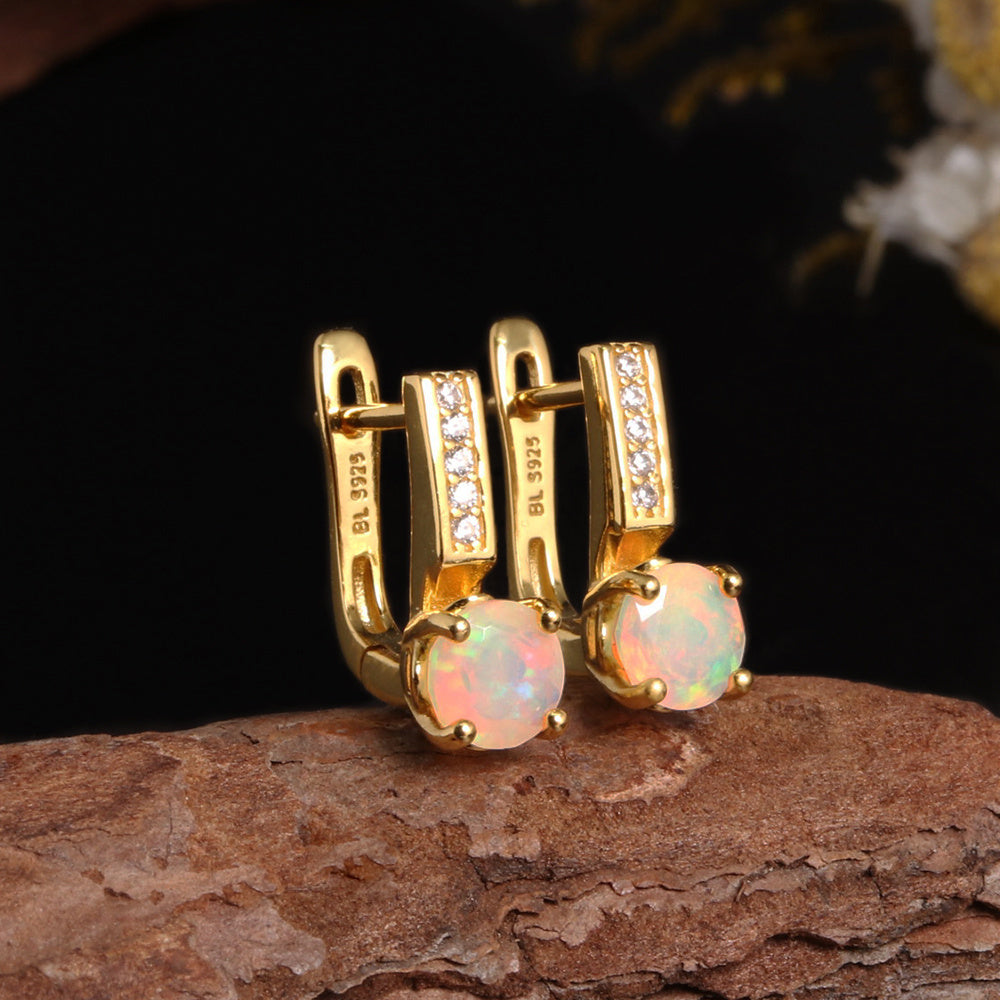 ‘Mesa’ Round Opal Pave Bar Earrings – on wood clasp