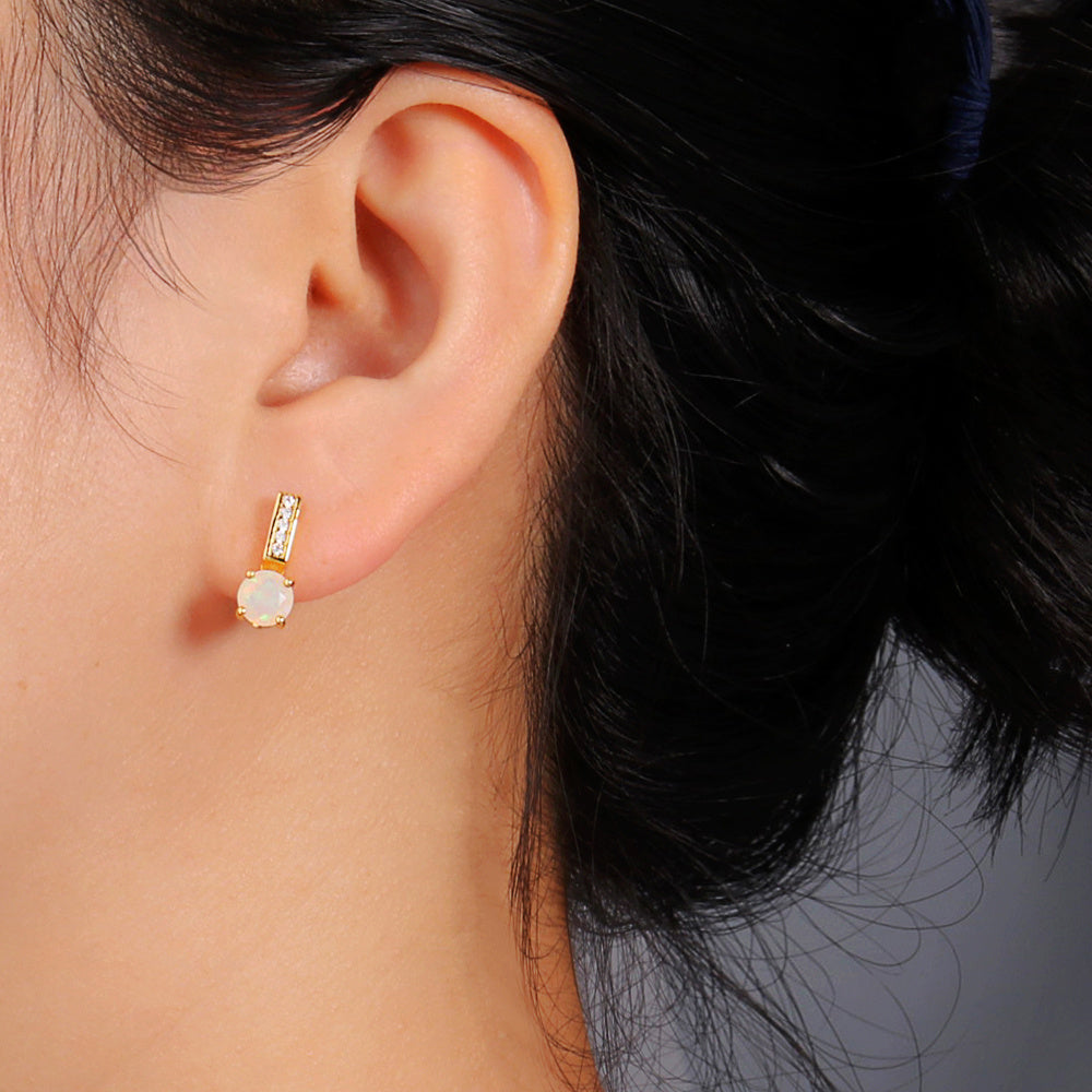 ‘Mesa’ Round Opal Pave Bar Earrings – on ear