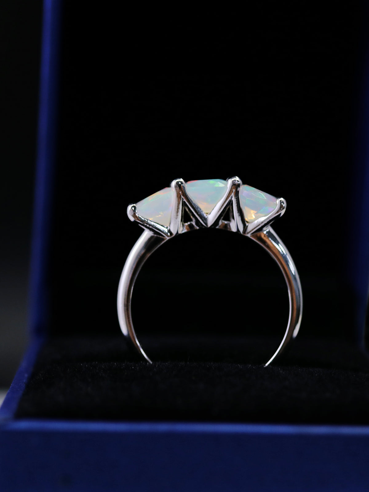 ‘Ridley’ Round Opal Three Stone Ring – in ring box
