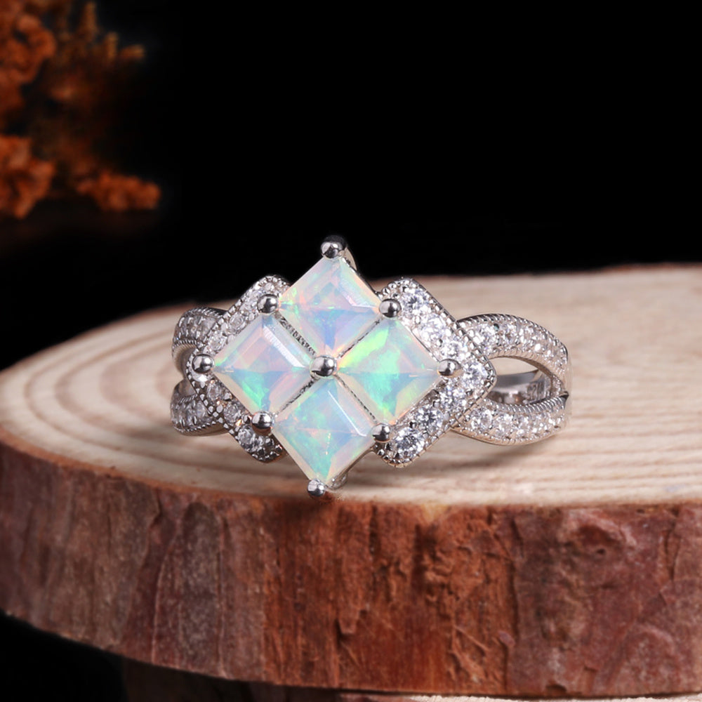 ‘Albany’ Square Opal Cluster Pave Ring – on wood slice