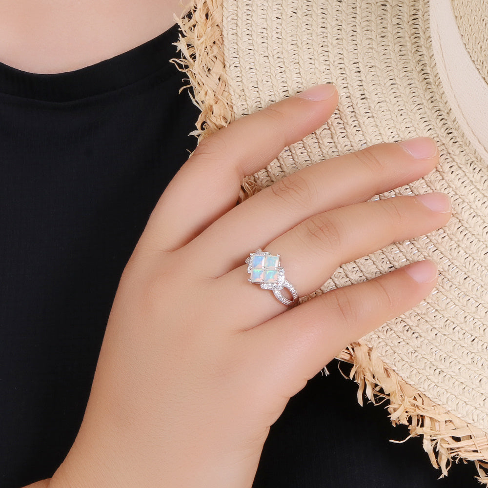 ‘Albany’ Square Opal Cluster Pave Ring – on hand