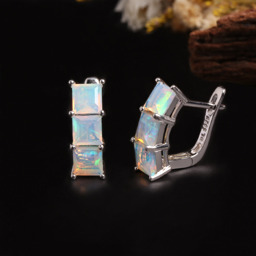 ‘Aubrey’ Square Opal Three Stone Set – earrings front side