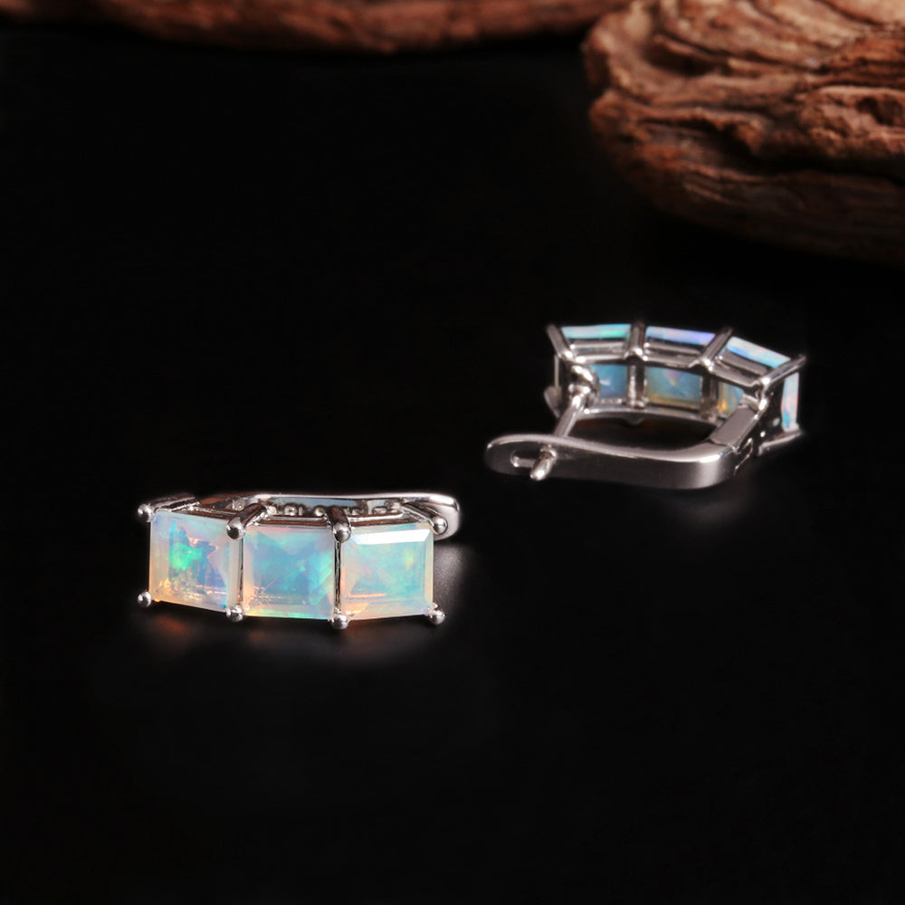 ‘Aubrey’ Square Opal Three Stone Set – set flat lay