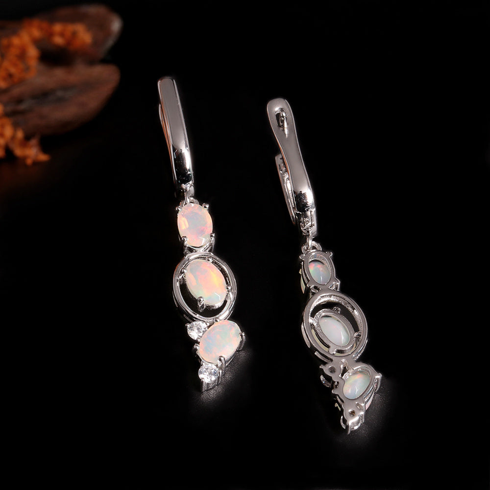 ‘Nell’ Three Opal Linear Drop Earrings – front and side