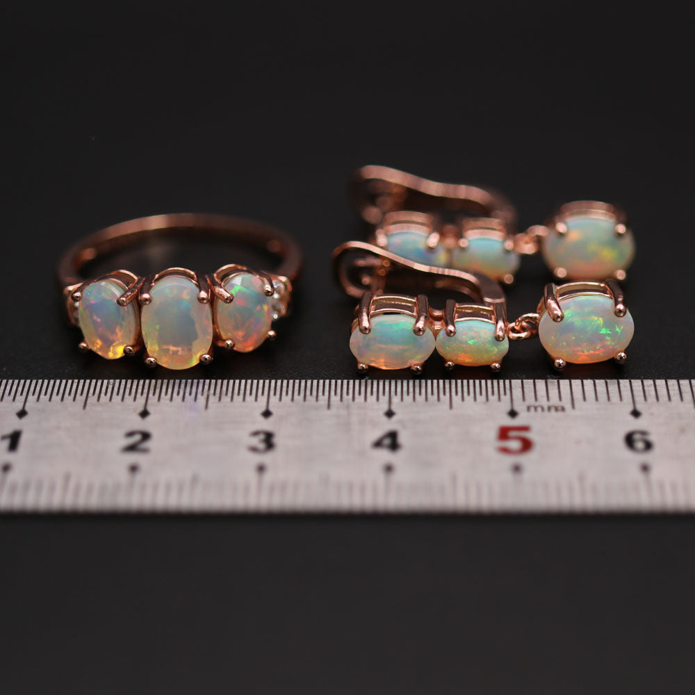 ‘Lotus’ Three Opal Ring Earring Set – on ruler