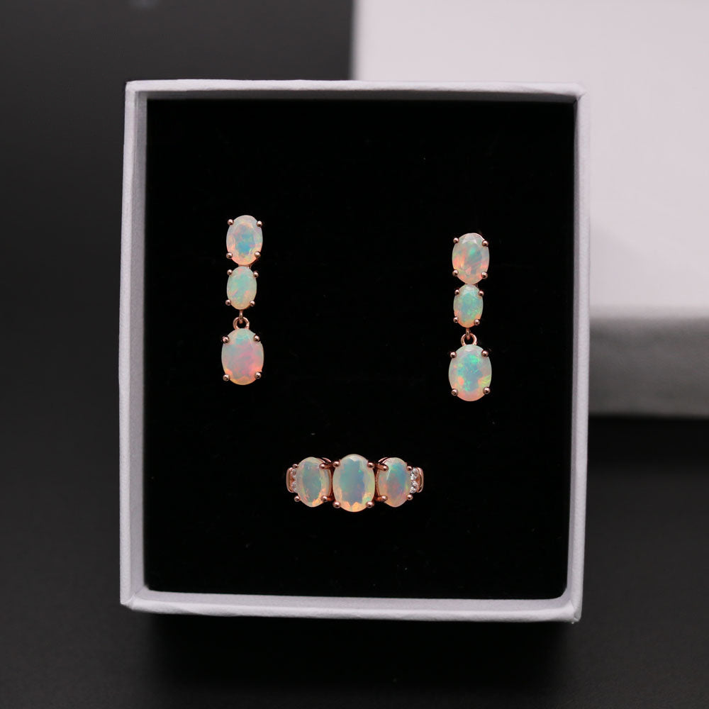 ‘Lotus’ Three Opal Ring Earring Set – set in gift box