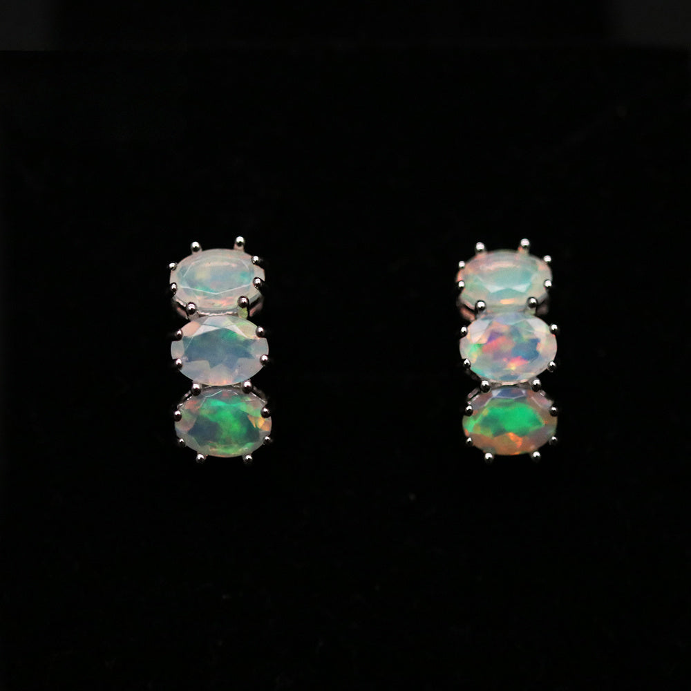 ‘Tully’ Three Oval Opal Huggie Earrings – pair front