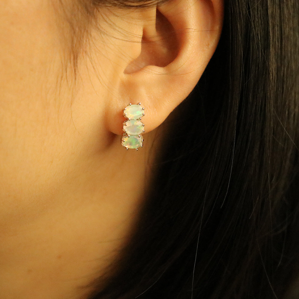 ‘Tully’ Three Oval Opal Huggie Earrings – on ear
