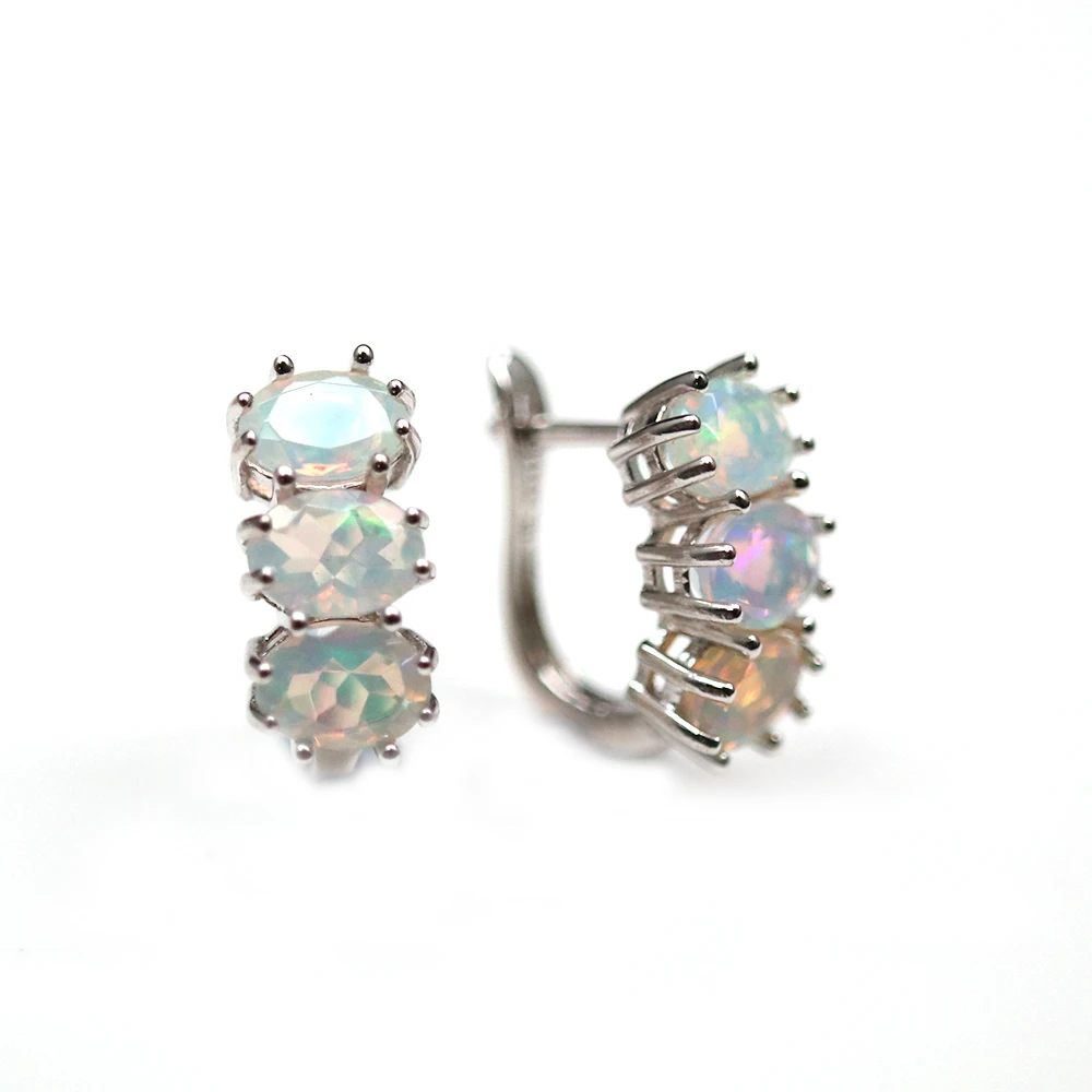 ‘Tully’ Three Oval Opal Huggie Earrings – white bg