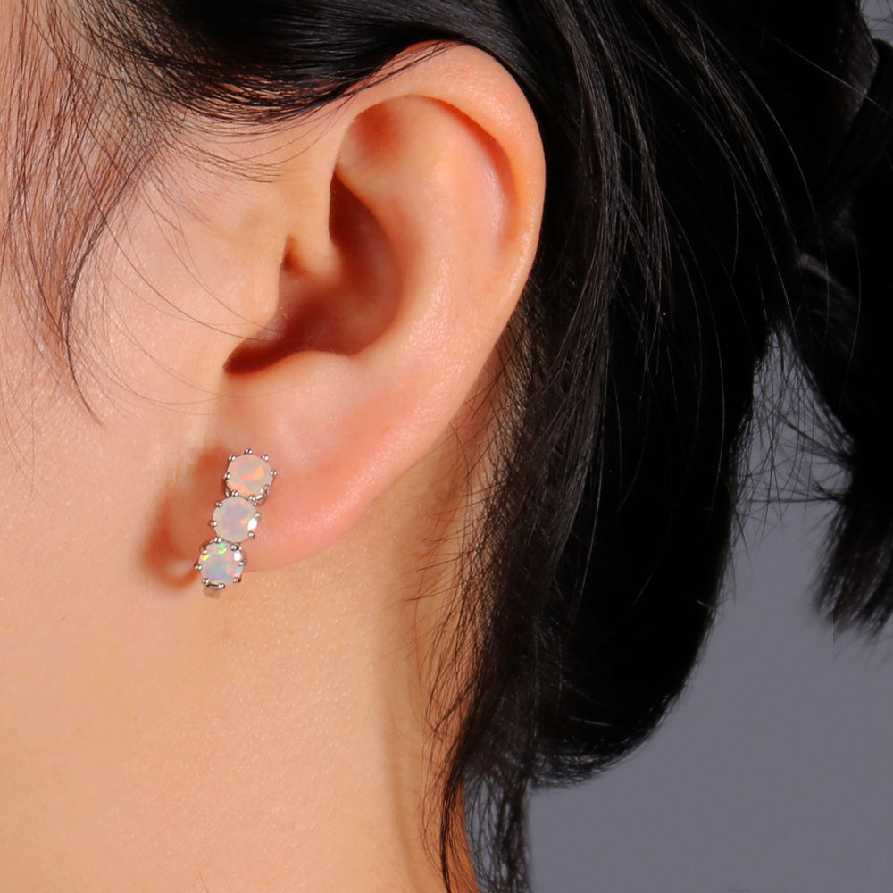 ‘Lettie’ Three Round Opal Leverback Earrings – on ear