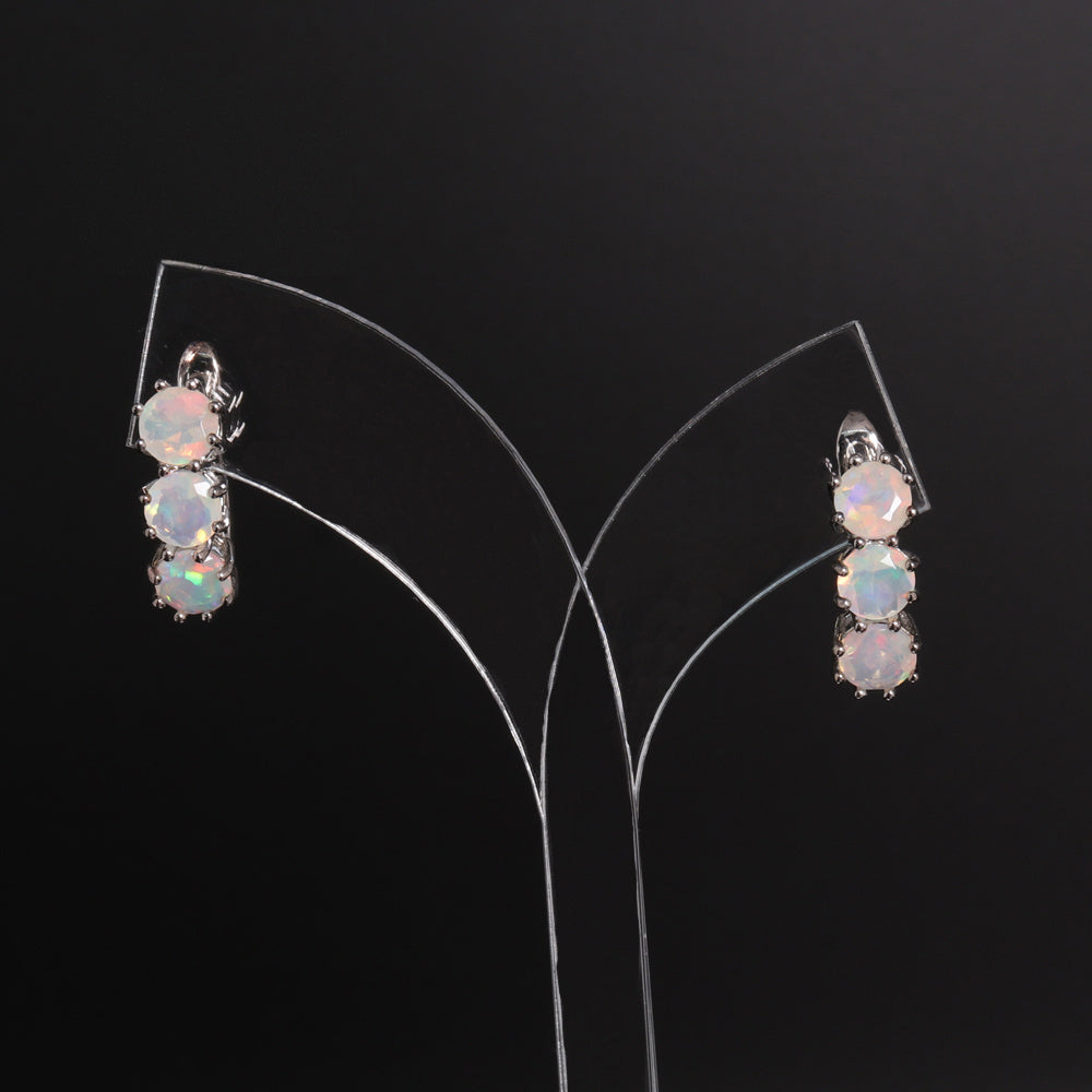 ‘Lettie’ Three Round Opal Leverback Earrings – on display stand