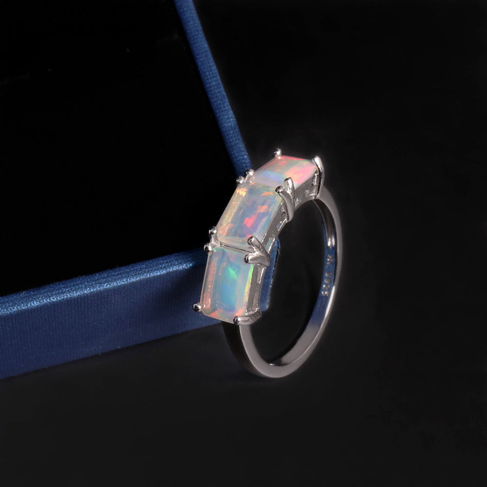 ‘Bronwyn’ Three Stone Octagon Opal Ring – on blue ribbon