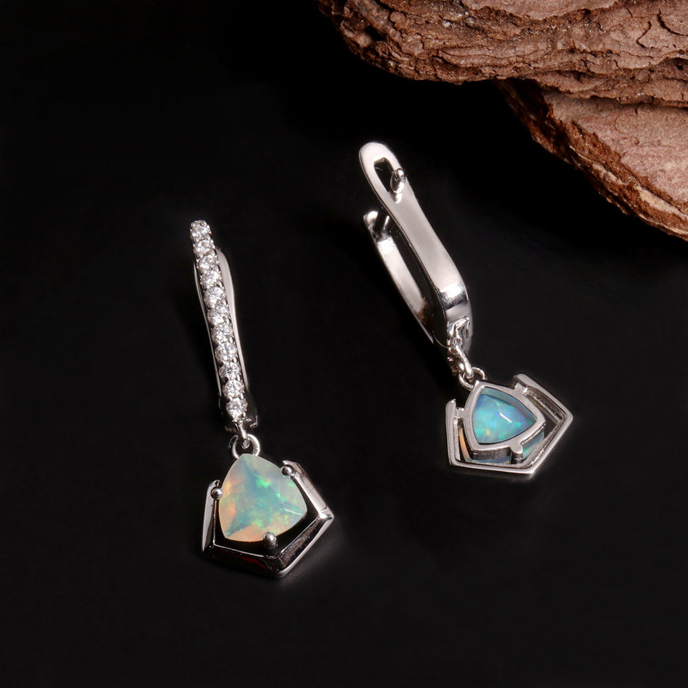 ‘Sedona’ Trillion Opal Geometric Drop Earrings – front and side
