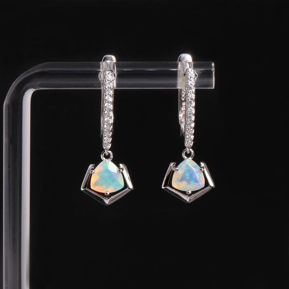 ‘Sedona’ Trillion Opal Geometric Drop Earrings – on display stand