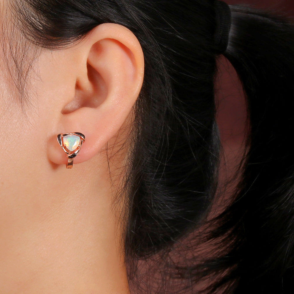 ‘Clementine’ Trillion Opal Rose Gold Earrings – on ear