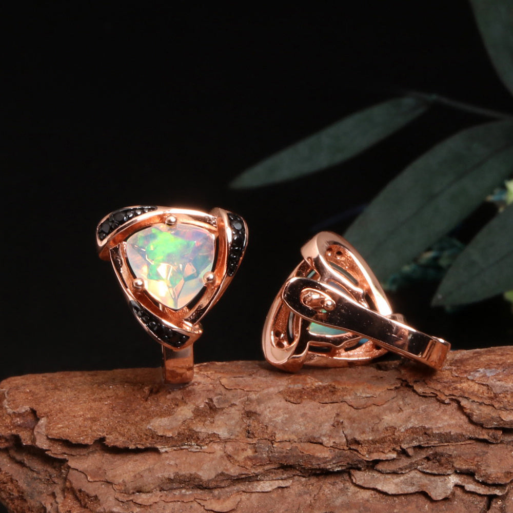 ‘Clementine’ Trillion Opal Rose Gold Earrings – on wood