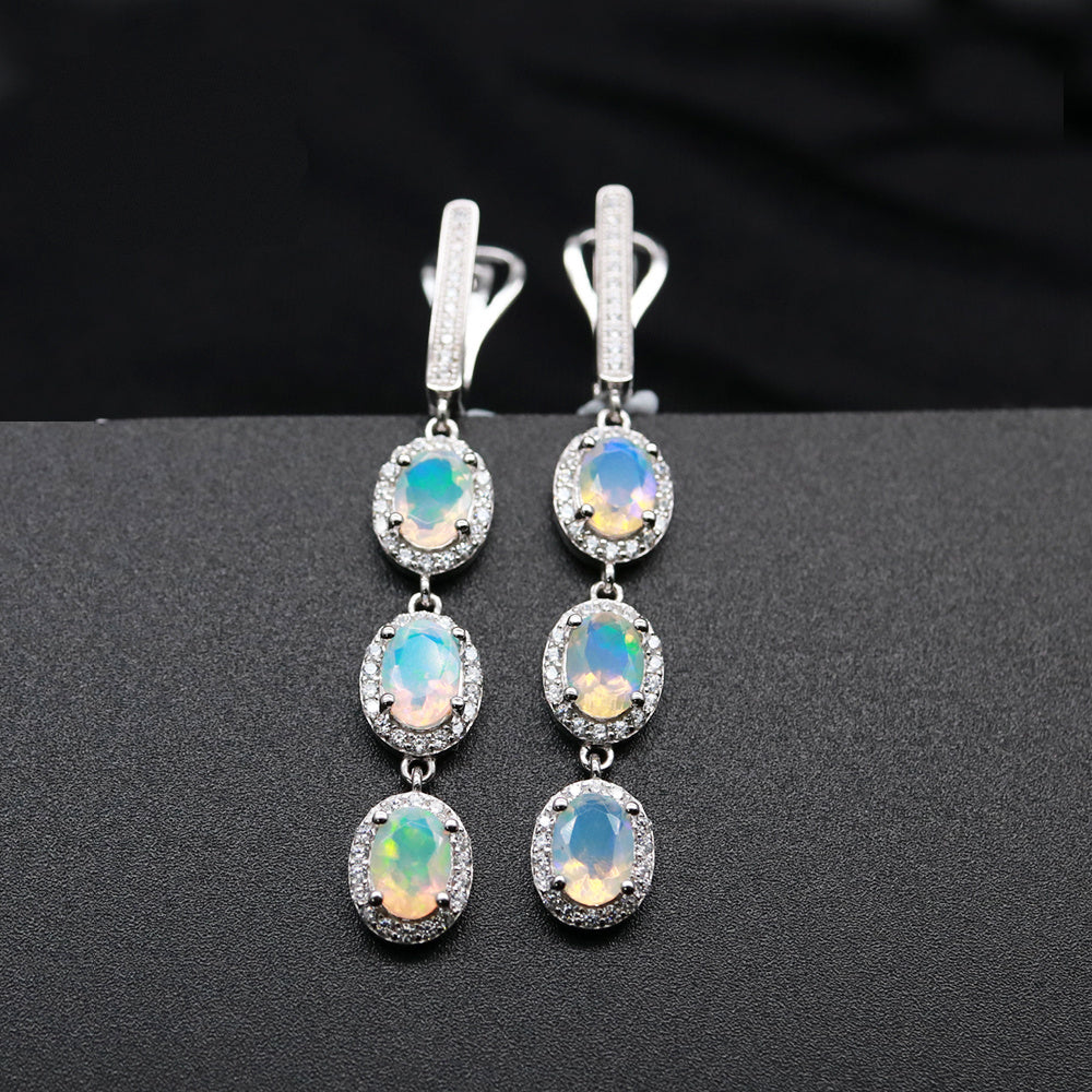 ‘Jessie’ Triple Opal Halo Drop Earrings – pair front