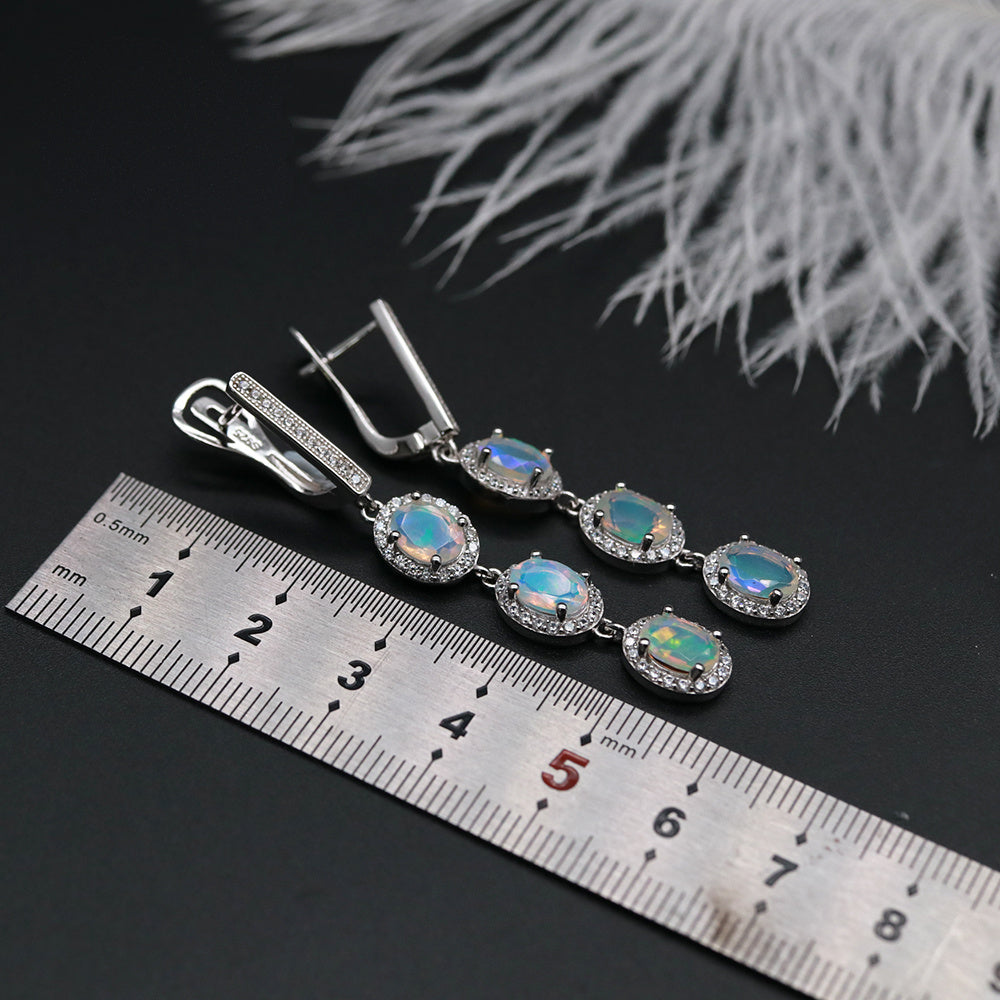 ‘Jessie’ Triple Opal Halo Drop Earrings – with ruler